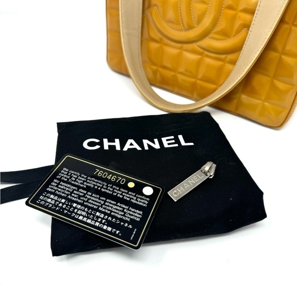Chanel Chocolate Bar Patent Leather Tote – Brown/Mustard, Card & Dustbag - Picture 9 of 9